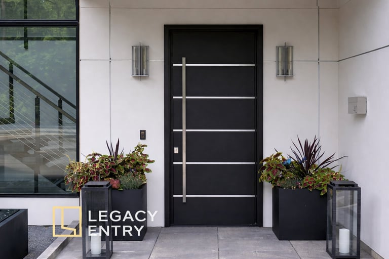 Modern black front door with horizontal white bars flanked by planted black containers on a contemporary home entryway