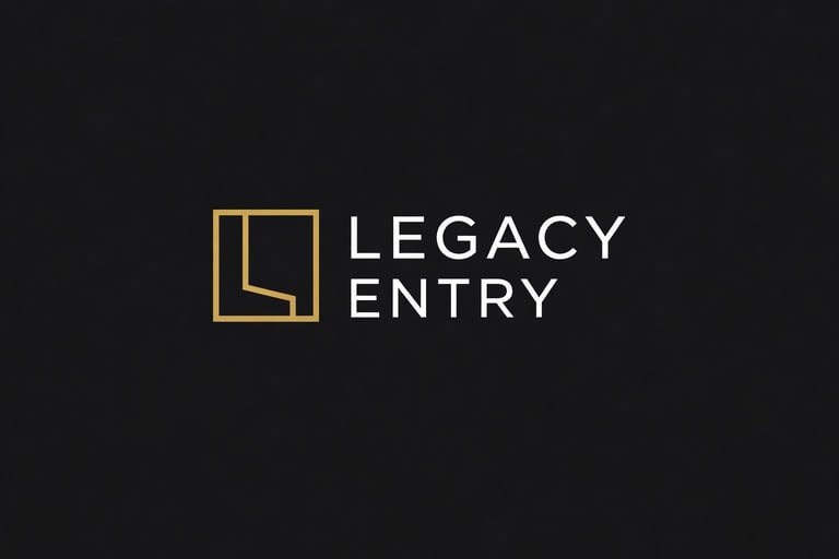 Legacy Entry logo with gold square icon and white text on dark background