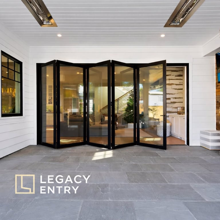Black framed folding glass doors opening to a bright interior space, with Legacy Entry logo overlay